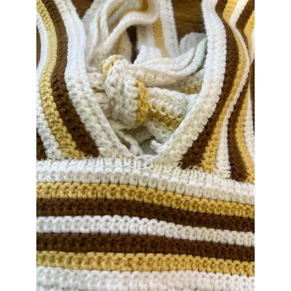 Windsor Crochet Striped Crop Top Size XL Brown Beige White V Neck Tie On Blouse - Picture 11 of 12